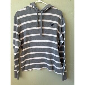 American Eagle Gray White Stripe Thermal Hoodie M
